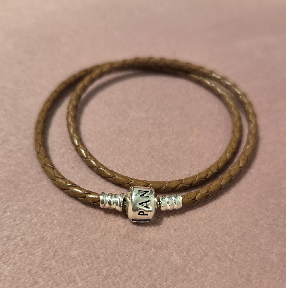 Pandora Tan Leather Double Bracelet with Silver Accent
